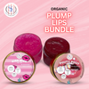 A promotional image for the Plump Lips Bundle by Soak in Love highlights two jars of lip scrub crafted to tackle lip pigmentation. The labels, Kiss Miss and Pouty Pout, adorn shades of pink and burgundy. The backdrop showcases a gradient pink hue with accompanying product text.