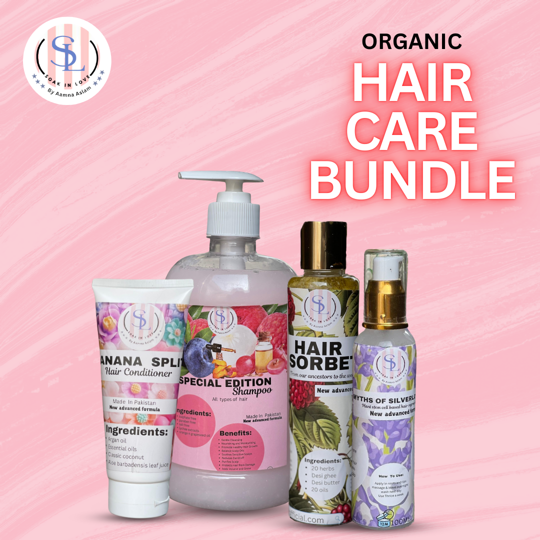 Introducing the Mega Hair Bundle by Soak in Love: a stunning pink-themed image highlights this organic hair care collection. It features the Banana Split Hair Conditioner, Special Edition Shampoo, Hair Sorbet, and New Age of Silvers Shampoo—all crafted to prevent hair fall. The products glisten against a lively pink background with text.