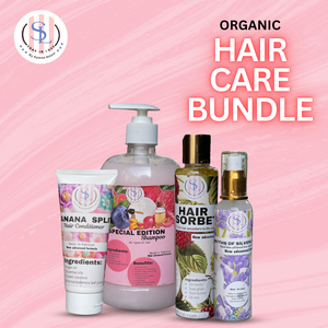 Introducing the Mega Hair Bundle by Soak in Love: a stunning pink-themed image highlights this organic hair care collection. It features the Banana Split Hair Conditioner, Special Edition Shampoo, Hair Sorbet, and New Age of Silvers Shampoo—all crafted to prevent hair fall. The products glisten against a lively pink background with text.