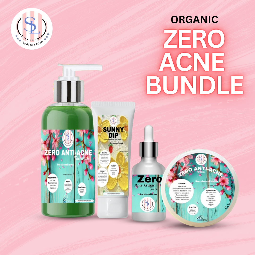 A promotional image features the "Zero Acne Bundle" by Soak in Love, highlighting four organic skincare products: a pump bottle, a tube, a dropper bottle, and a round jar. Each item is adorned with floral and nature-themed labels. The brand logo is prominently displayed at the top left corner.