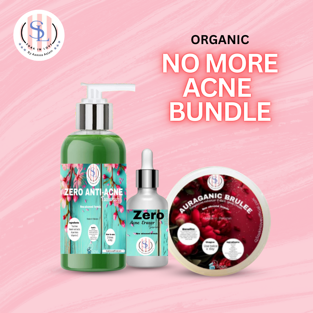 An image of the Soak in Love's No More Acne Bundle set against a pink background. The set features a green pump bottle labeled Zero Anti Acne designed to combat blackheads, alongside a small dropper bottle and a round container labeled Purarganic Brulee for exfoliating dead skin cells.