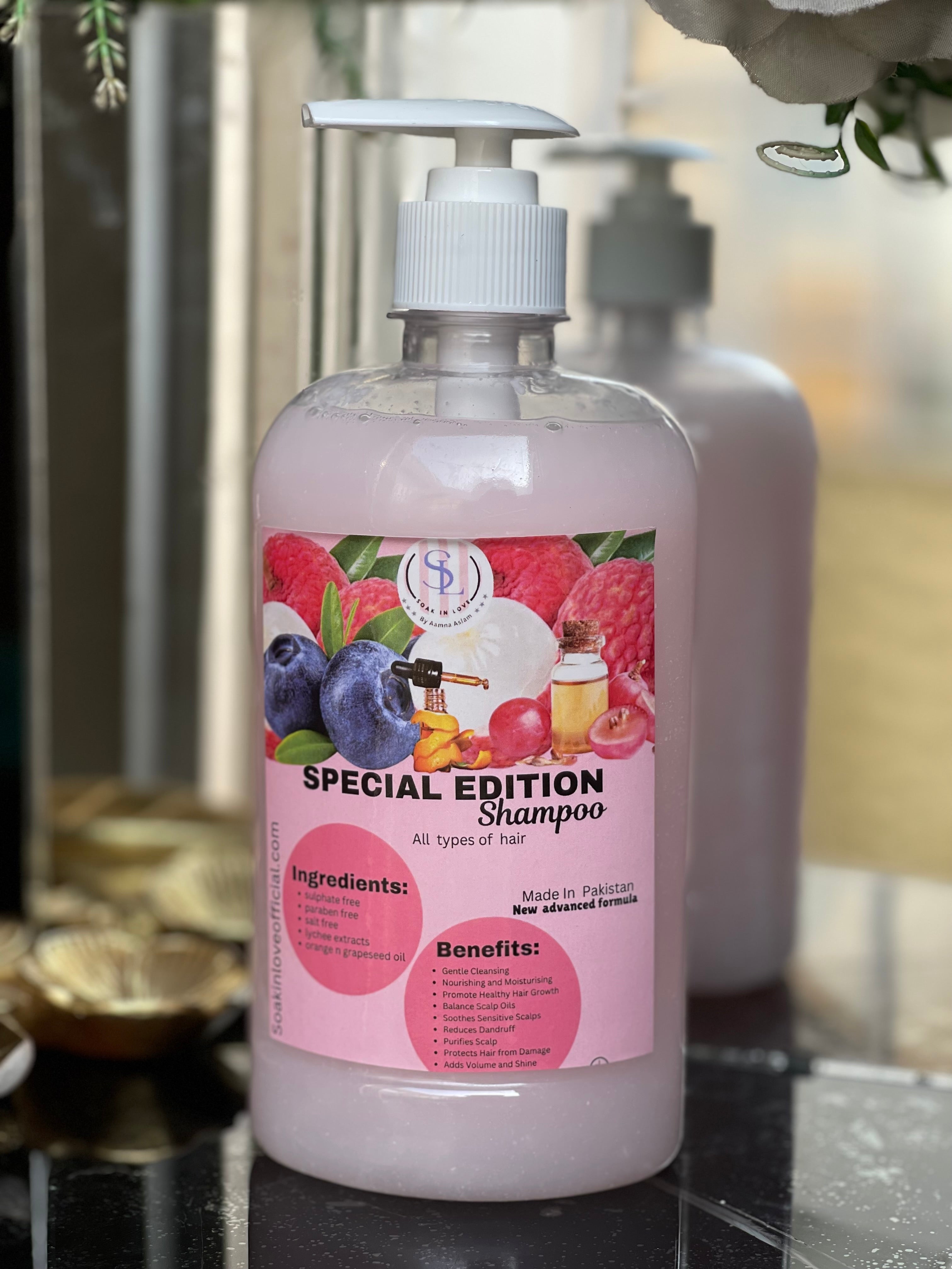 The Soak in Love Special Edition Shampoo 500 ml, suitable for all hair types and sensitive scalps, comes with a practical pump dispenser. Its label showcases natural ingredients with vibrant fruit imagery and elaborates on the benefits and Pakistani origin of its luxurious pink liquid.