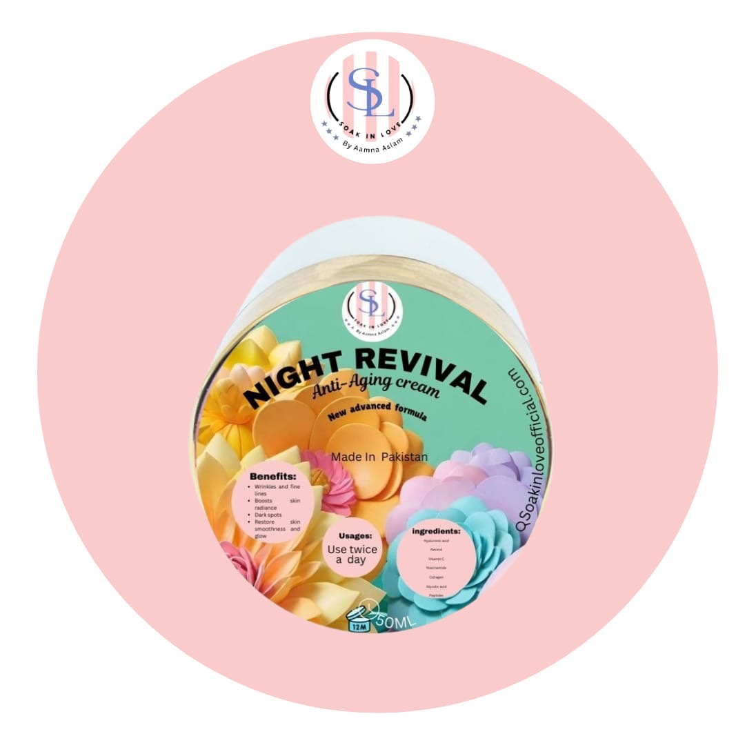 A container of Revival Night Cream by My Store features colorful floral graphics. The label emphasizes its moisturizing benefits, provides instructions for application twice daily, and lists the ingredients. Made in Pakistan, it showcases a logo set against a pink background.