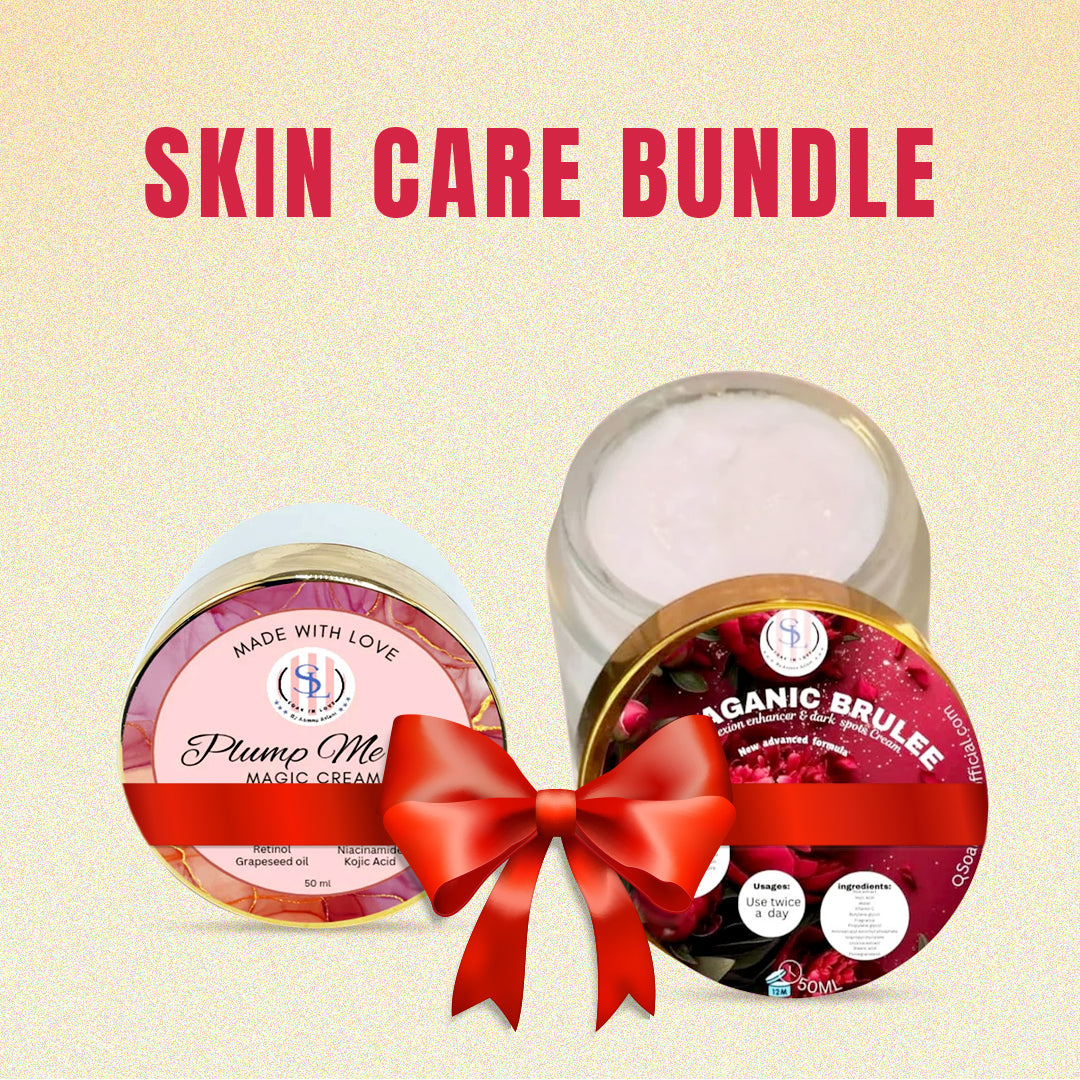 Discover the ultimate skincare bundle with Soak in Love's Plump Me Up + Auraganic Brulee. Enhance your routine with collagen peptides for a youthful glow. The image features artfully labeled jars, a red ribbon bow, and the text SKIN CARE BUNDLE proudly displayed at the top.