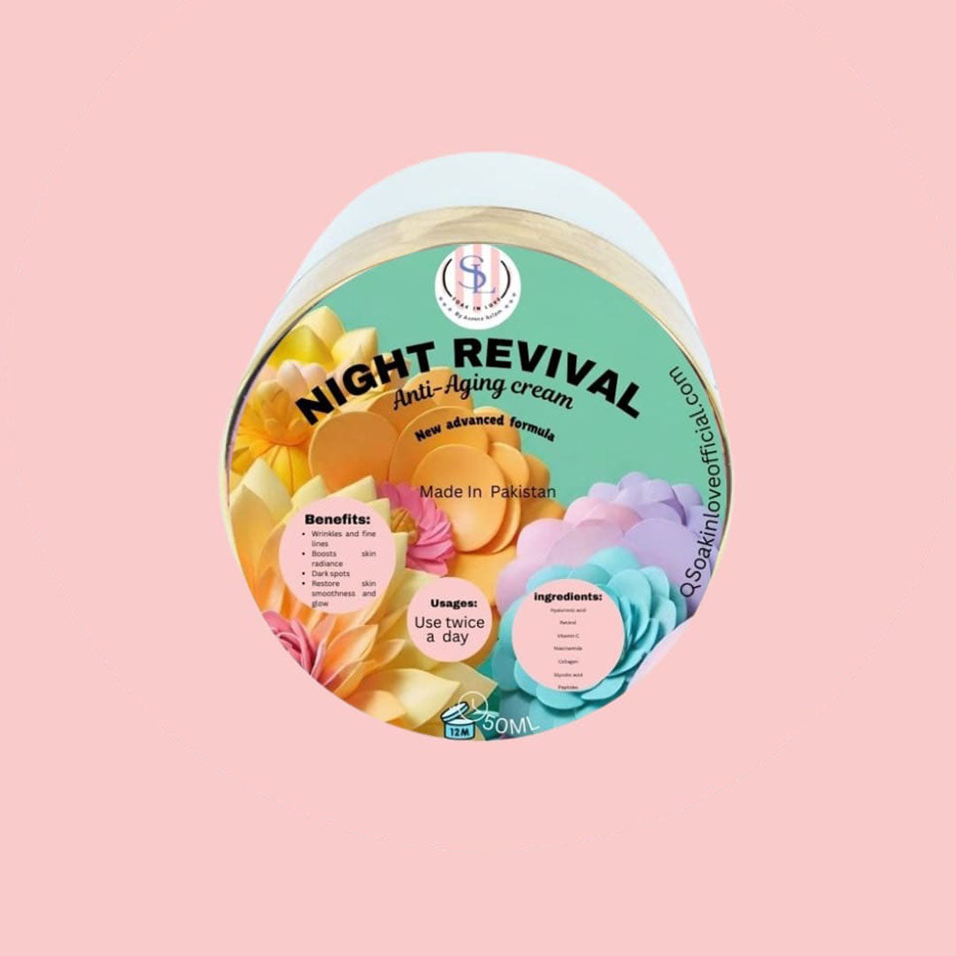 The Revival Night Cream by My Store is a round container featuring colorful floral decorations. The label details its benefits, recommends twice-daily usage, and emphasizes its moisturizing ingredients. Made in Pakistan, this ultimate night cream comes in a 50ml size and is set against a pink background.